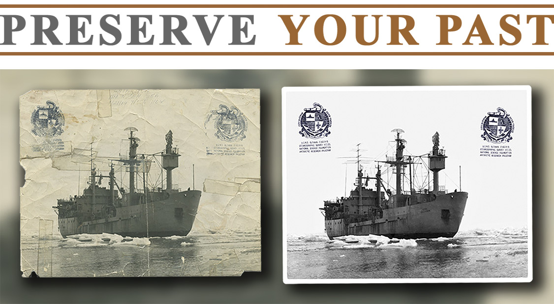 Restoration a faded and creased photo of Arctic Research USNS Eltanin