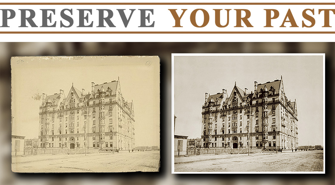 The digital archiving and restoration of this iconc photograph of the Dakota Building was commissioned by one of the exclusive New York City social clubs dedicated to the preservation of New York history and heritage.