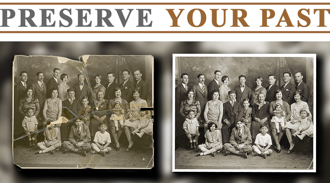 The pieces of this beautiful family studio portrait were rejoined using pH neutral archival tape. With careful retouching all the lost pieces filled in and tears retouched to bring the photograph back to the original appearance.